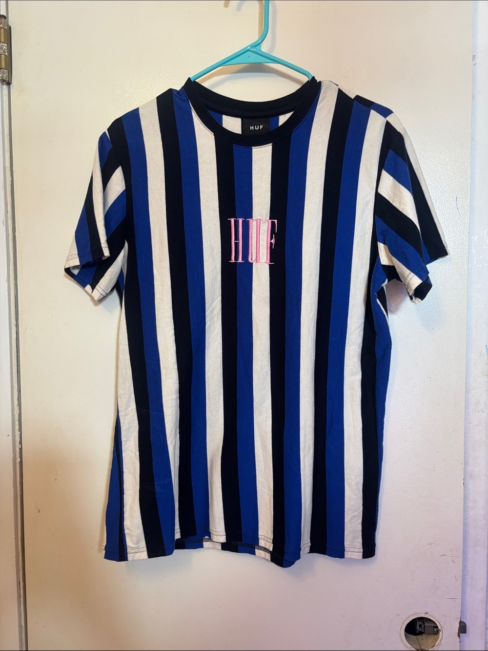 HUF Blue, Black & White Vertical Stripe Tee with Pink Logo